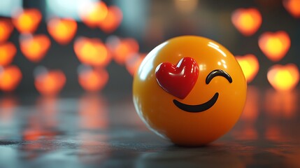 Emoji heart-eyed face on dark bokeh background. Possible use digital art, social media content
