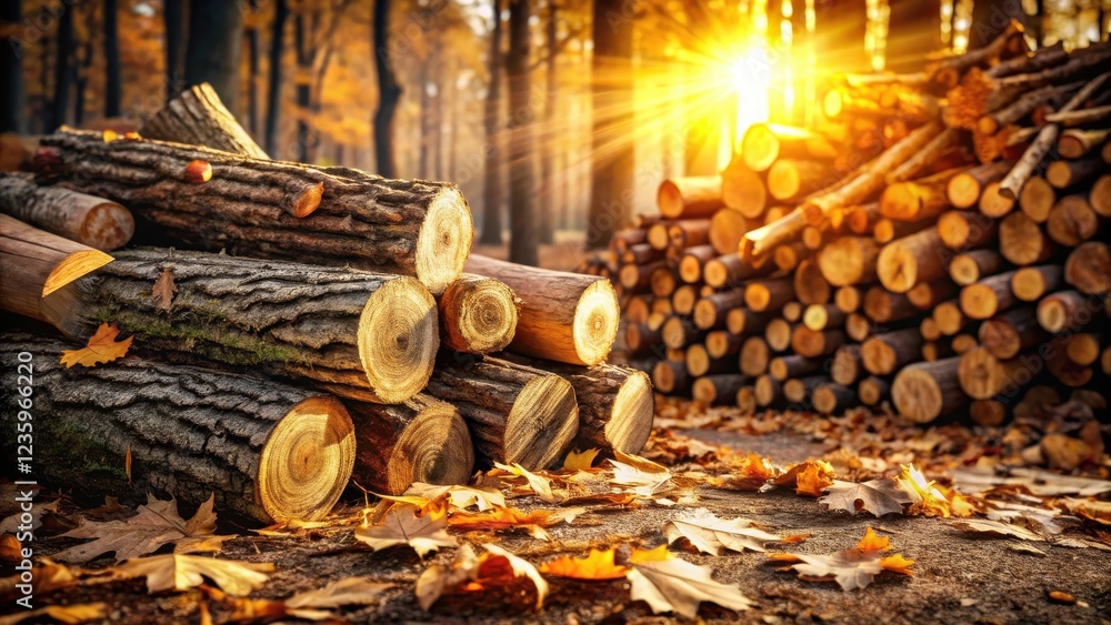 Poster golden light illuminates a stack of logs in a forest setting, creating a warm and cozy atmosphere