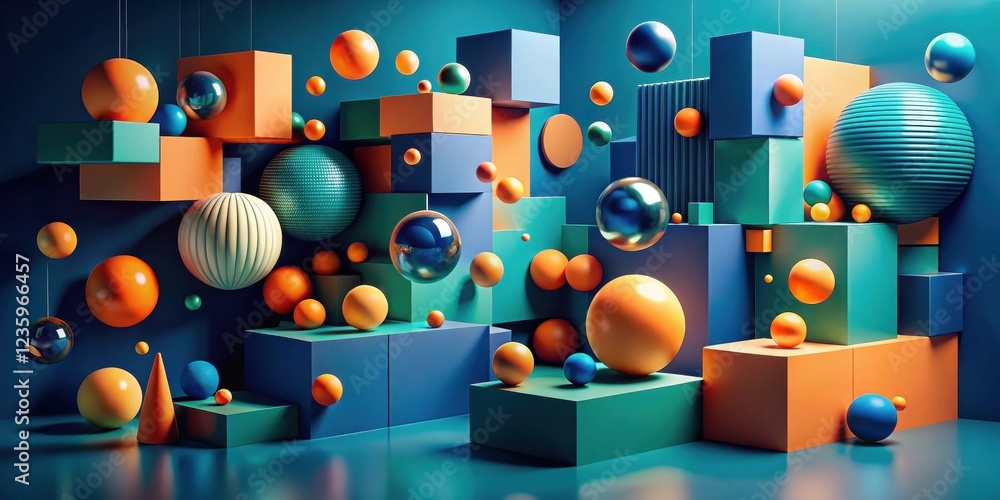 Poster abstract composition with geometric shapes and spheres in a blue, green, and orange color scheme