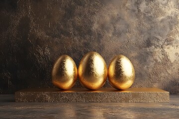 Obraz premium Elegant Golden Easter Eggs on a Minimalist Podium with Ample Copy Space