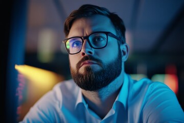 Obraz premium Young man focused on laptop screen in a dimly lit workspace during nighttime