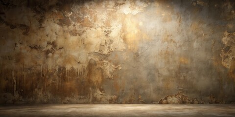 Fototapeta premium A weathered, aged concrete wall with a rough texture and a single spotlight illuminating the center
