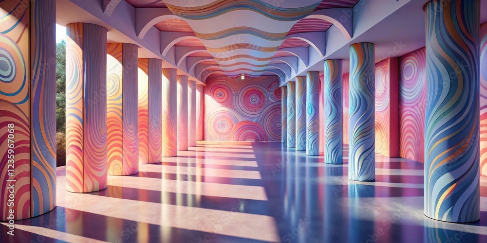 Poster A circular hallway lined with colorful columns and a swirling pattern on the walls and ceiling