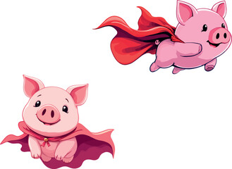 Two super pigs flying with red capes, cartoon illustration