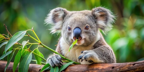 Fototapeta premium A close-up portrait of a koala with soft, fluffy fur, sitting on a tree branch and delicately chewing on a green leaf, its large, curious eyes gazing directly at the camera.