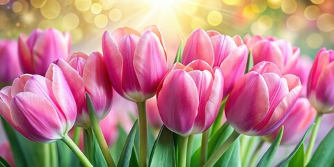 Fototapeta premium A vibrant bouquet of pink tulips with delicate petals basking in the warm glow of the sun.