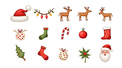 Cute Cartoon Christmas Icons Set: Santa, Reindeer, Stockings, Candy Canes, Ornaments, Holly, and More!