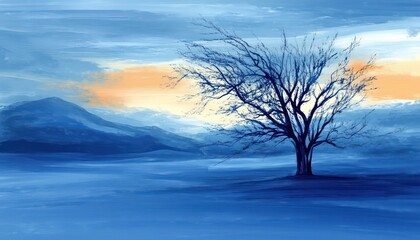 Serene Winter Landscape With Lone Bare Tree