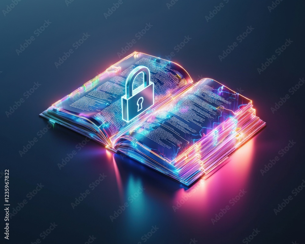 Poster policy manual glowing with highlighted sections and a lock icon
