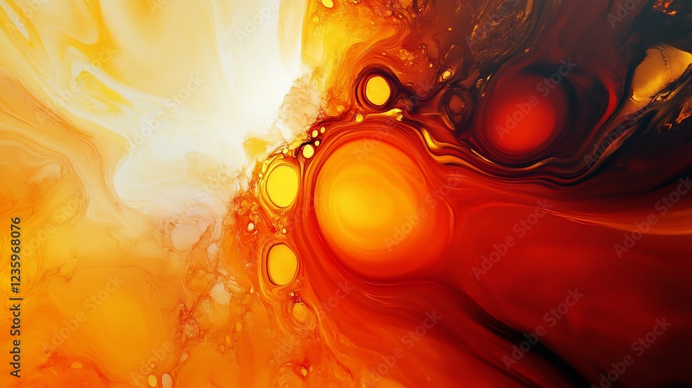 Poster abstract fluid art with warm tones and circular patterns, a dynamic blend of colors