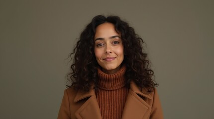 Obraz premium Smiling Woman in Brown Turtleneck – Confident and Elegant Portrait