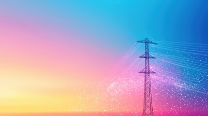 high voltage power line Colourful Silhouette clean line Minimalist vector illustration of high voltage power lines with a colorful gradient effect, clean and modern design