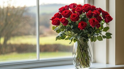 A stunning bouquet of red roses arranged in a tall glass vase, placed on a windowsill with natural light.