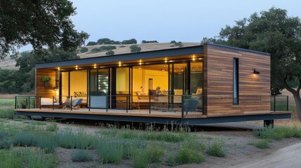 Obraz premium A modern modular home featuring sleek, stackable units and sustainable materials.