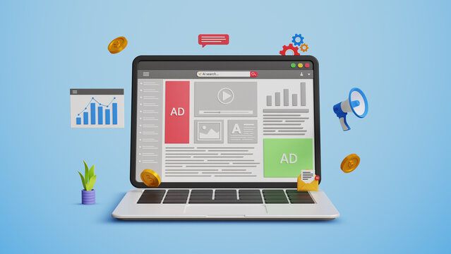 Digital marketing, web traffic research and performance, PPC concept. Online promotion, paid campaign, customer retention. Ads marketing on a web page. 3D illustration