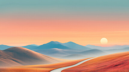 Obraz premium Serene winding path ascending hill at pastel sunset with copy space