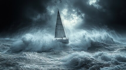 Sailboat Braving A Powerful Ocean Storm