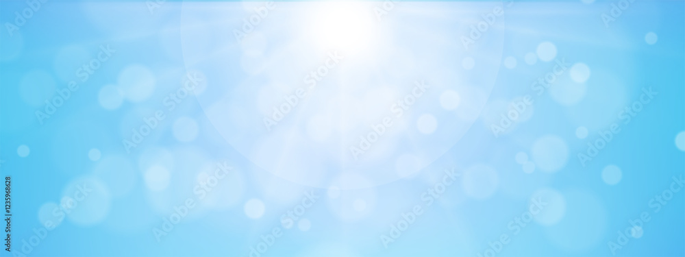 Poster summer background,blurred sunlight on blue sky with bright bokeh.vector blurry abstract spring backg