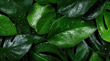 Fototapeta premium Lush green monstera and tropical leaves covered in fresh water droplets after a rain shower in a jungle.