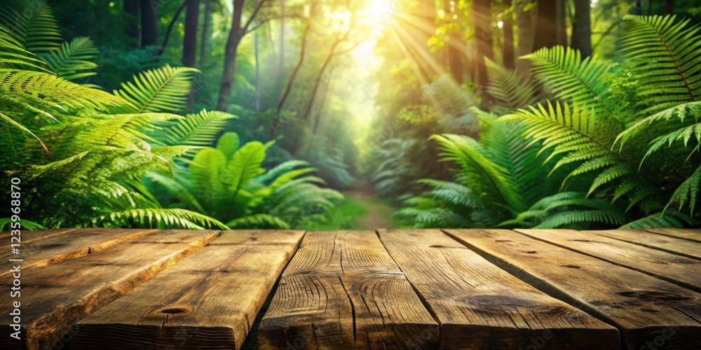 Poster rustic wooden plank tabletop with a lush green forest background and sunlight streaming through the 
