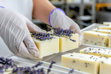 A close-up of gloved hands holding a freshly made handmade soap infused with lavender. The clean, organic, and sustainable production process highlights natural skincare and craftsmanship.  
