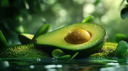 Halved avocado on moss near water, jungle background; healthy food imagery