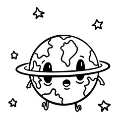 Cute Planet with a Ring and Stars - Cartoon Space Illustration