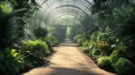 Sunlit Greenhouse Path with Lush Greenery