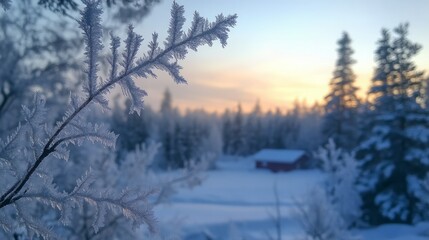 Fototapeta premium Frosty winter sunrise. A tranquil scene of snow-covered branches and a distant cabin.