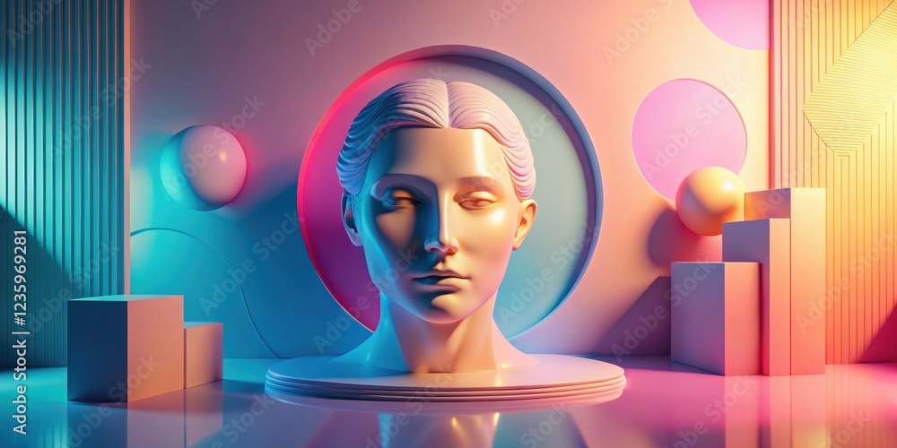 Poster Abstract Portrait of a Bust in a Geometric and Minimalist Setting with Neon Light and Soft Color Palette