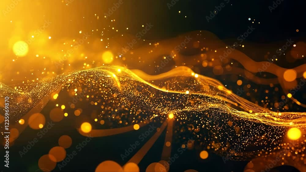 Poster golden wave of light with a lot of sparkles. the sparkles are scattered all over the image, creating