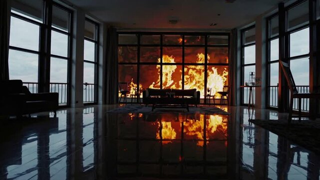 High-rise condo engulfed in flames, fire spreading rapidly inside an apartment room, infinite loop, Generative AI