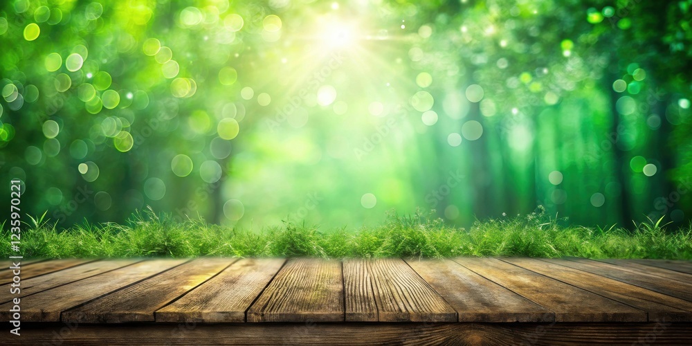 Poster A rustic wooden table with a grassy edge, set against a backdrop of a sun-drenched forest with a soft green bokeh effect.