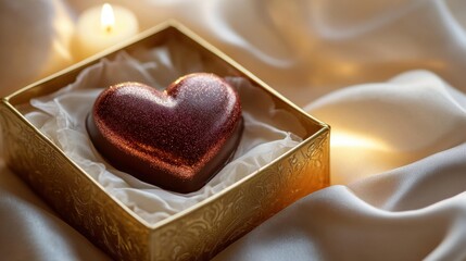 A Valentine chocolate heart in an elegant gold box, resting on a white silk cloth with soft candlelight around it.