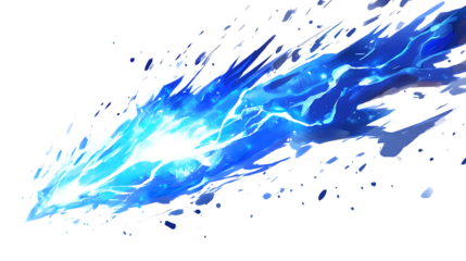 Electric blue lightning bolt illuminating on white & transparent a background.