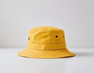 Stylish yellow bucket hat on a minimalistic table setting.
