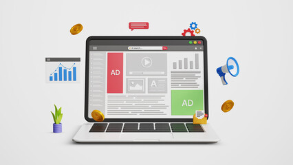 Digital traffic analysis, SEO, search engine optimization, web traffic, marketing or ranking concept. Paid ads or promotion on web page. 3D illustration