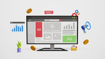 Digital traffic analysis, SEO, search engine optimization, web traffic, marketing or ranking concept. Paid ads or promotion on web page. 3D illustration