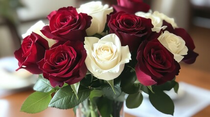 Fototapeta premium A vibrant rose bouquet in deep burgundy and white, placed on a dining table set for an elegant anniversary dinner.