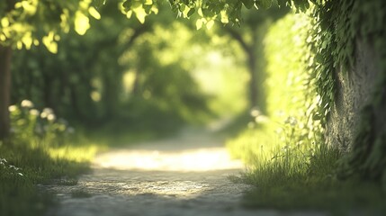 Obraz premium Golden sunlight illuminates a tranquil forest path, evoking peace and natural harmony.