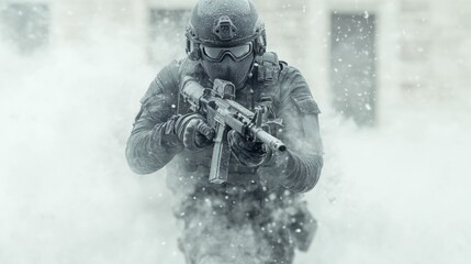 Armed soldier in tactical gear holding rifle in snowy battlefield with blurred background, action-packed combat scene in winter environment