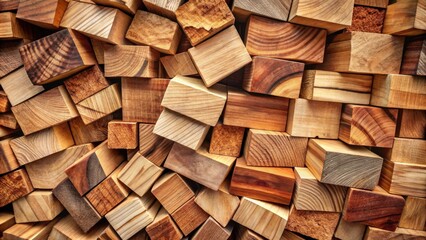 Fototapeta premium A chaotic arrangement of wood blocks, each with a unique grain pattern and a warm, natural hue, creates a visually captivating texture.
