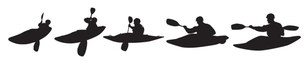 Set of silhouette kayaking on isolated background. 