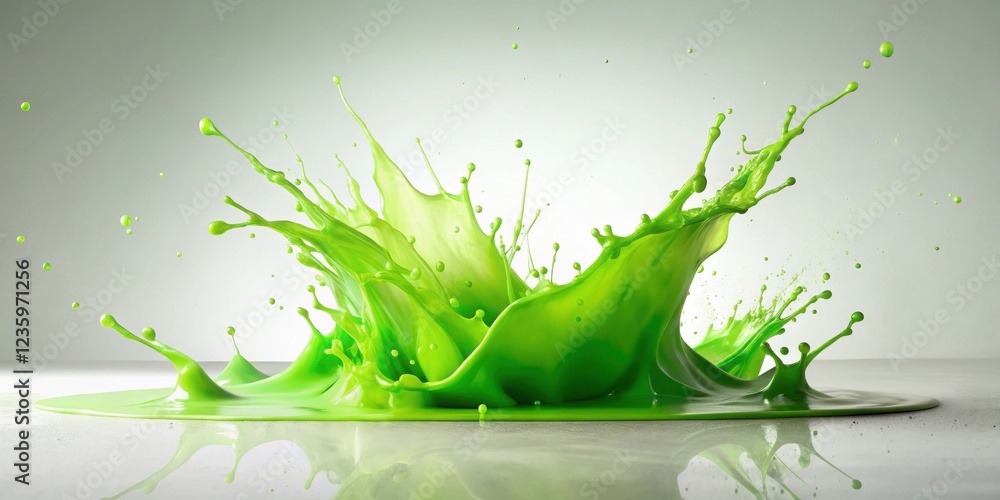 Poster A vibrant green liquid explodes in a dramatic splash, creating a captivating display of liquid dynamics and abstract art.