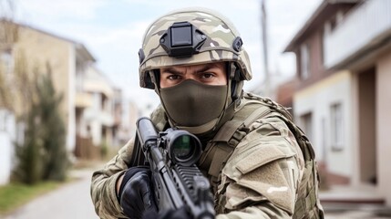 Fototapeta premium Military soldier in camouflage uniform aiming rifle in urban street setting, intense focus and tactical gear, outdoor action scene