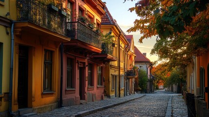 Fototapeta premium Charming cobblestone street with colorful autumn leaves and historic buildings