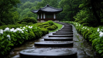 Fototapeta premium Rainy day at Korean garden pavilion