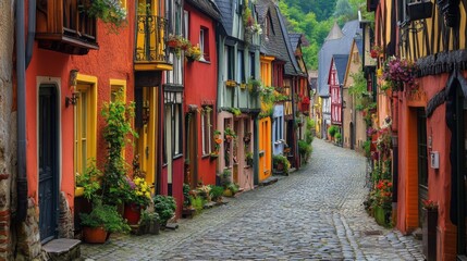 Fototapeta premium Charming Cobblestone Street with Colorful Houses and Flowers