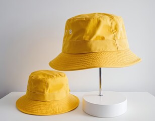 Two stylish yellow bucket hats displayed on a minimalistic stand against a neutral backdrop.