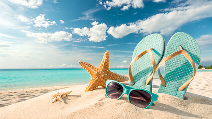 Summer Footwear with Sunglasses and Starfish on Sandy Beach
